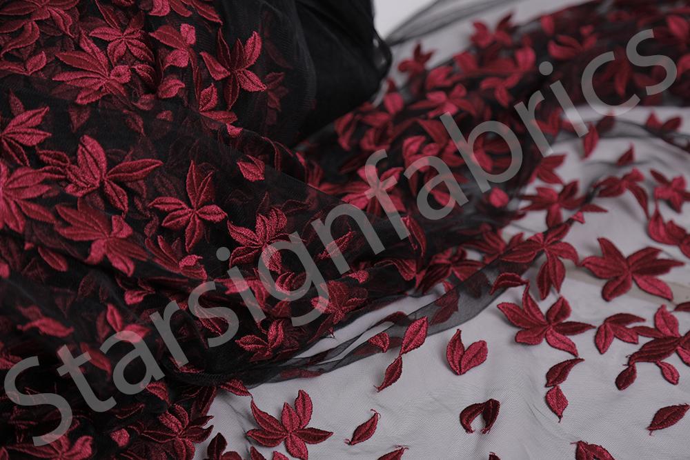 Black-Red Leaf Design Embroidery Fabric | Burç Fabric