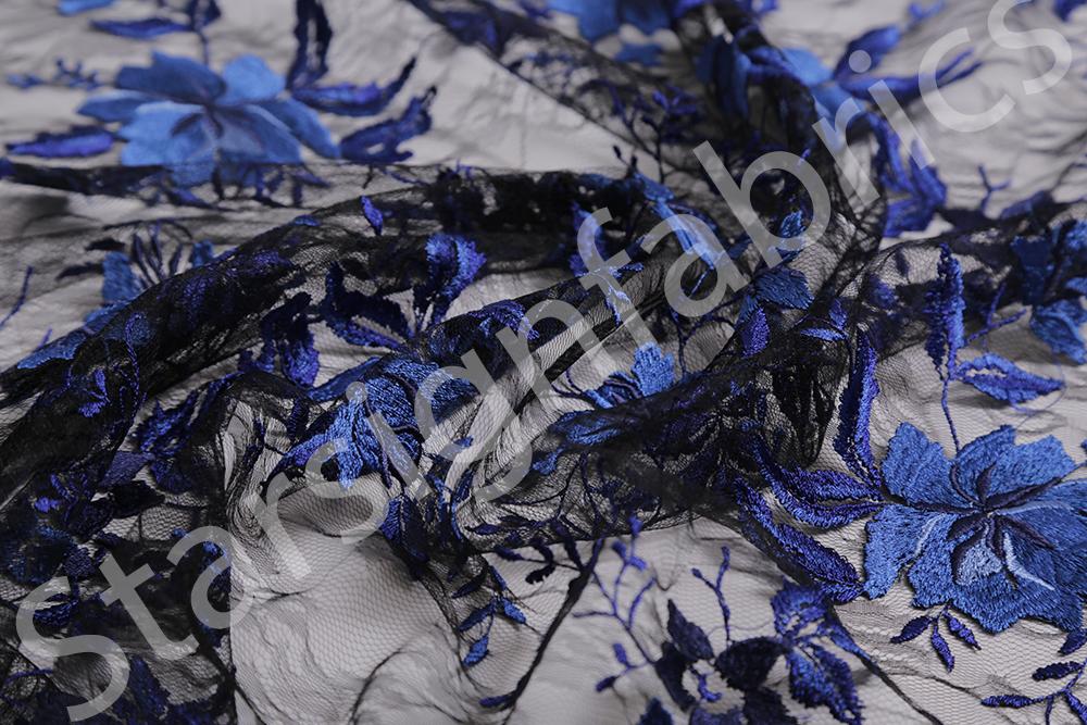 Mallorca Style Saks Blue Floral Embroidered Lace Fabric | Burç Fabric