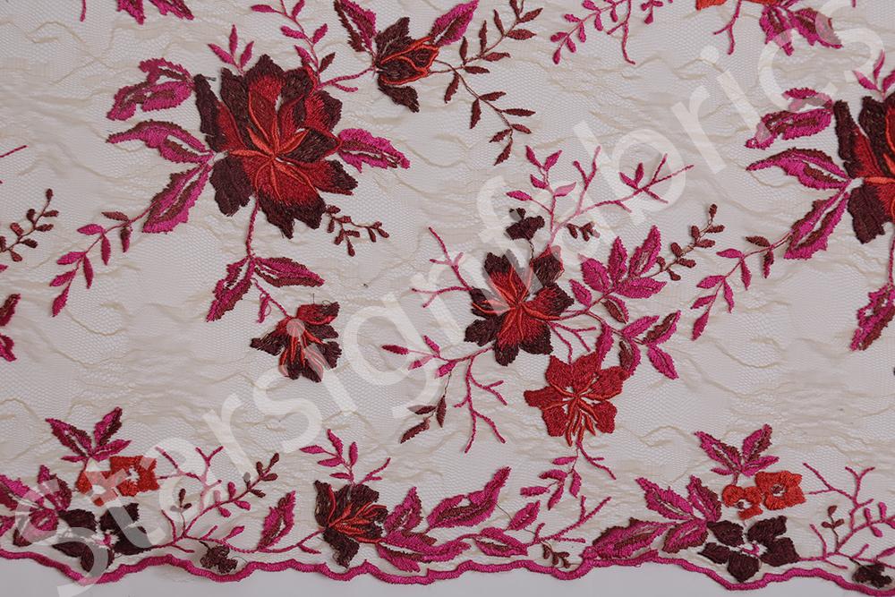 Mallorca Style Fuchsia Floral Embroidered Lace Fabric | Burç Fabric