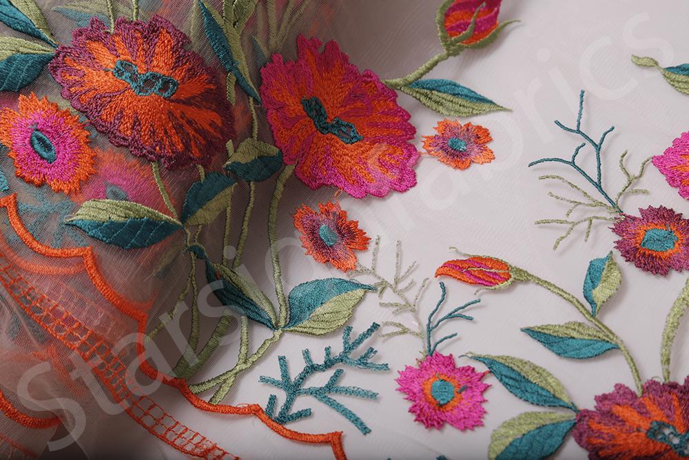 Scalloped Thread Embroidered Fabric with Flower Garden Design