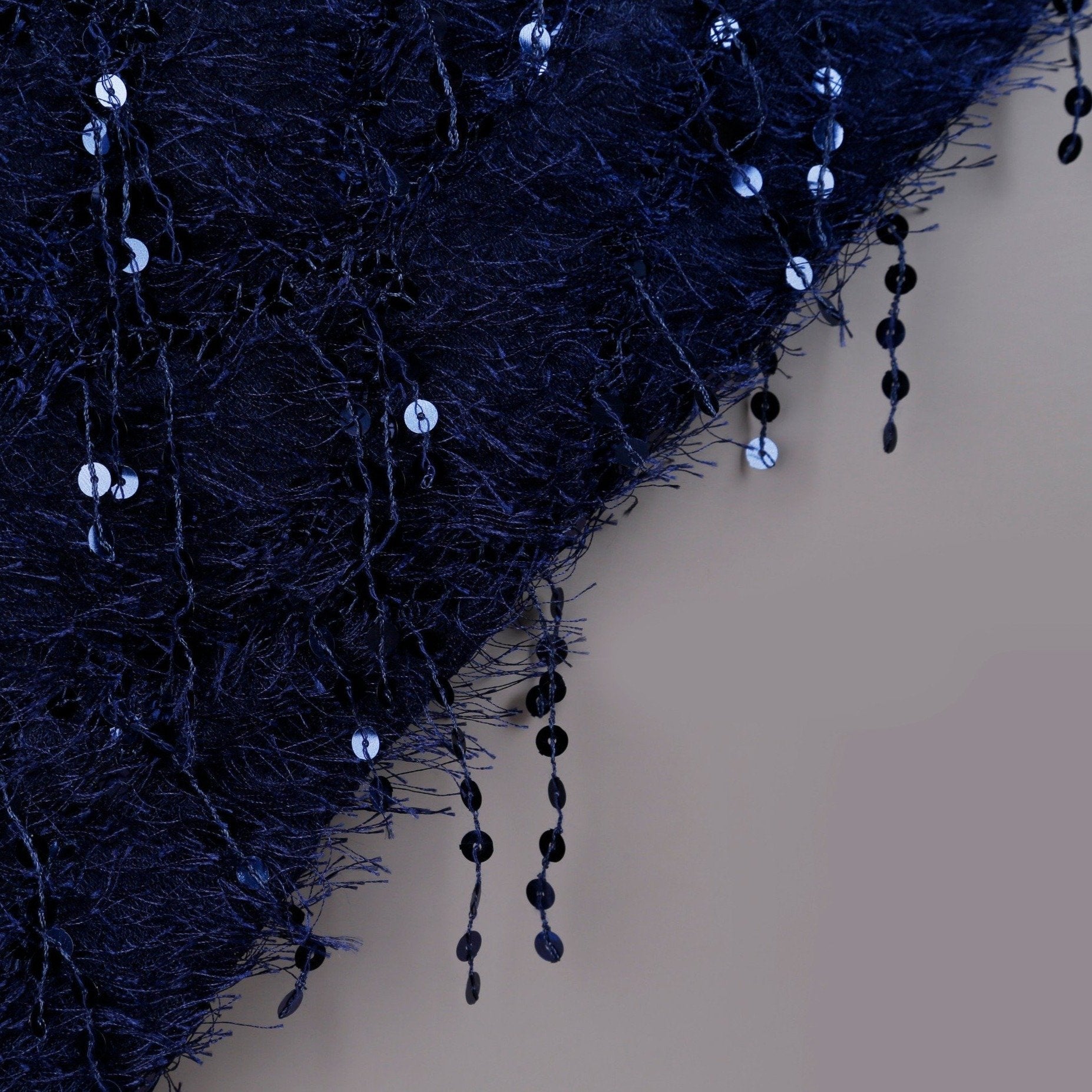 Navy Blue Hairy Thread Fringed Sequin Embroidered Fabric | Burç Fabric