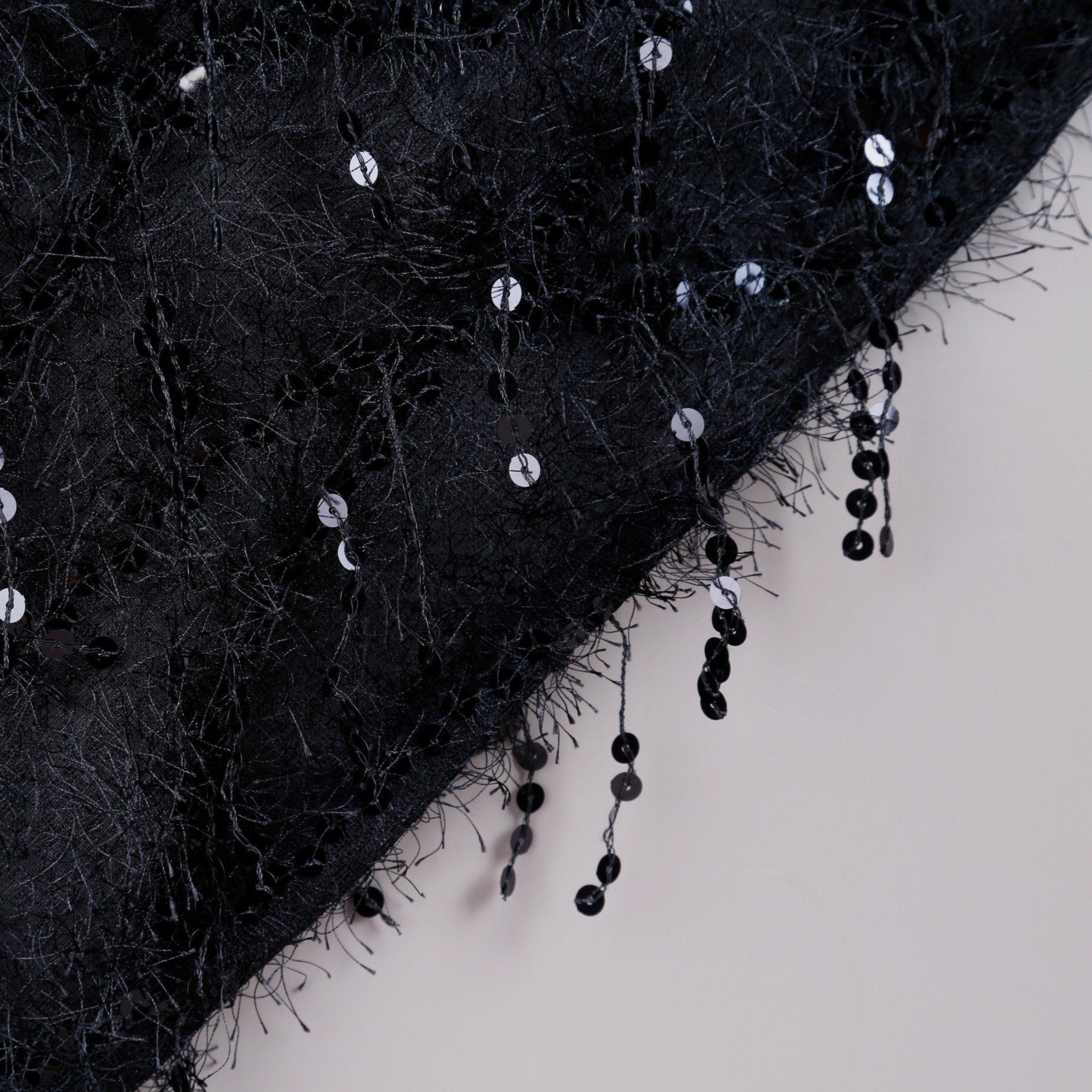 Black Pile Thread Fringed Sequin Embroidered Fabric | Burç Fabric
