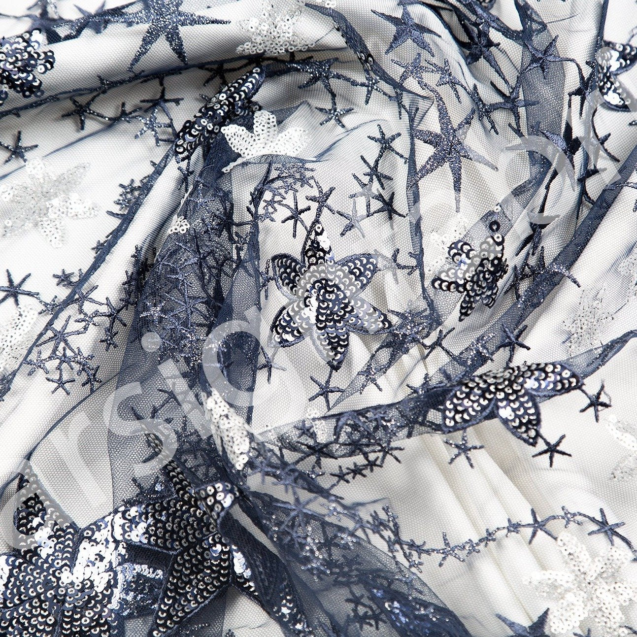 Navy Blue Shiny Star Sequin Embroidered Fabric | Burç Fabric