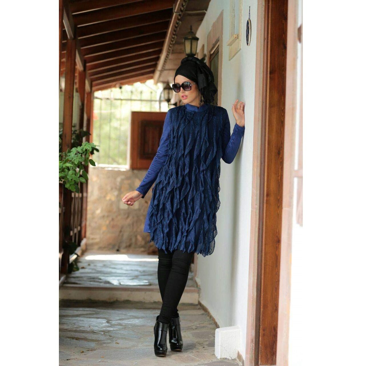 Navy Blue Ruffled Soft Touch Knitted Dress | Burç Fabric
