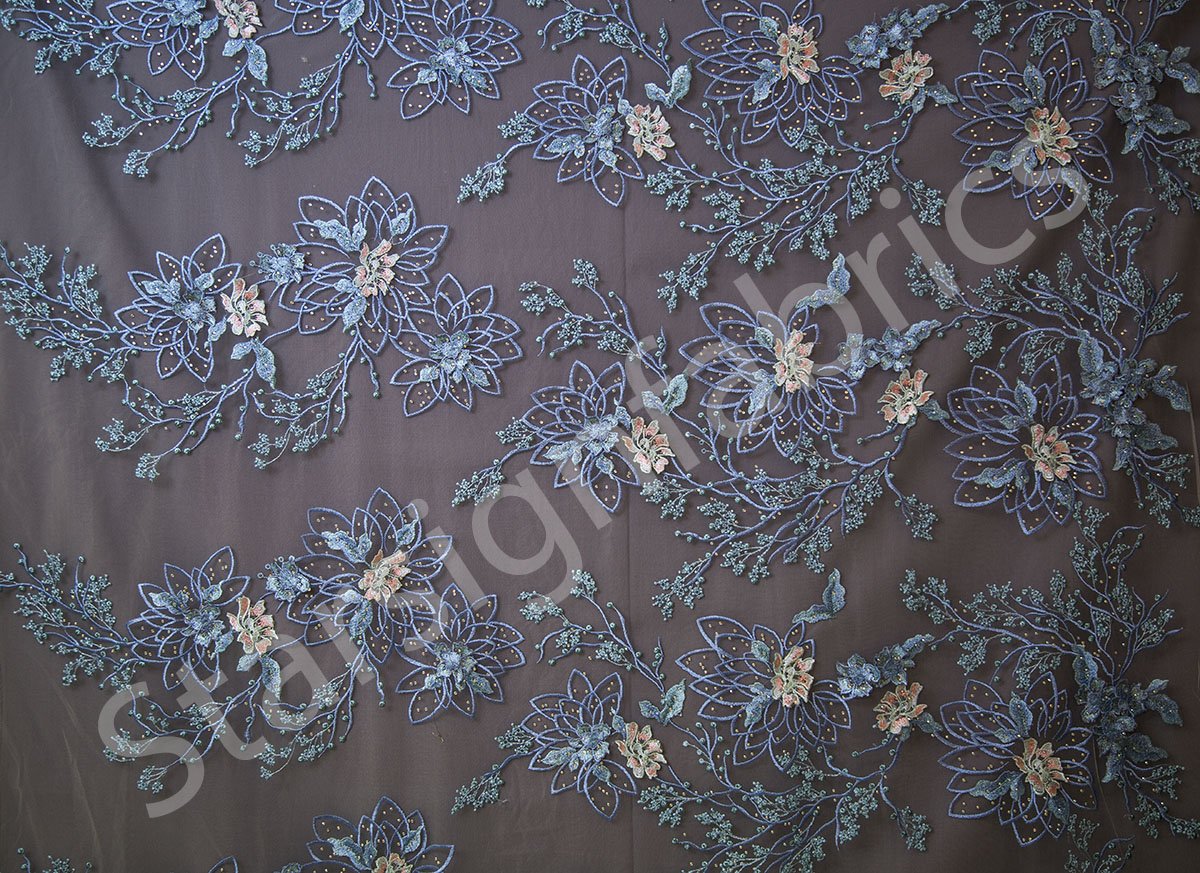 3D Flower Design Beaded Thread Embroidery Mesh Fabric | Burç Fabric