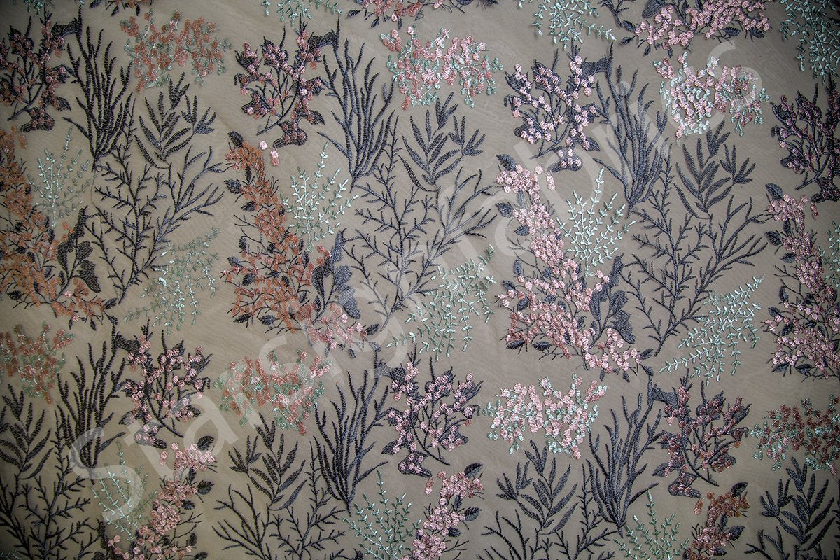 Floral Design Rayon Thread Embroidery Fabric | Burç Fabric