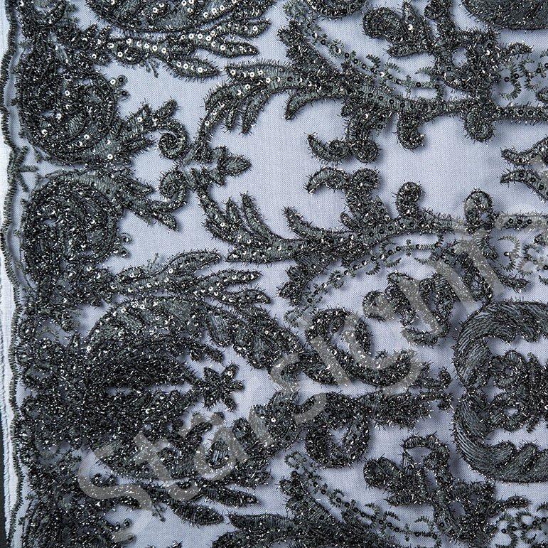 Black Scalloped Glitter Thread Embroidery Fabric | Burç Fabric