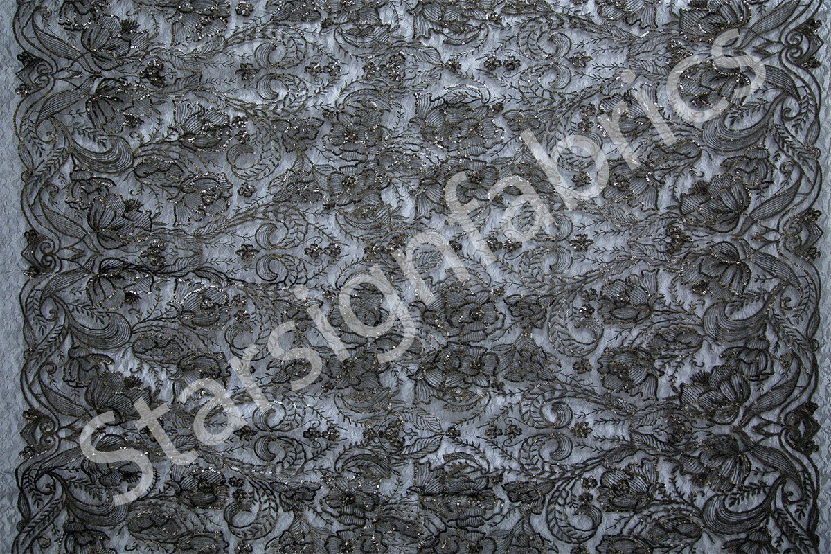 Black Abstract Design Shiny Thread Embroidered Sequin Fabric | Burç Fabric