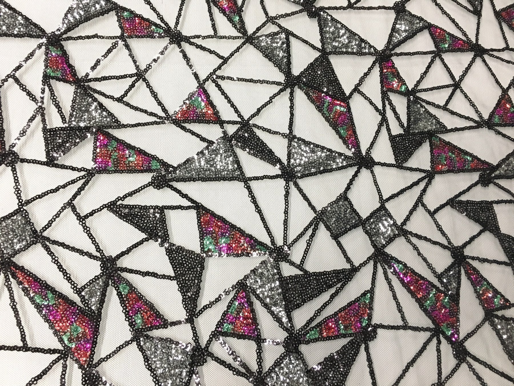 Multicolored Geometric Colored Thread Embroidery Fabric | Burç Fabric