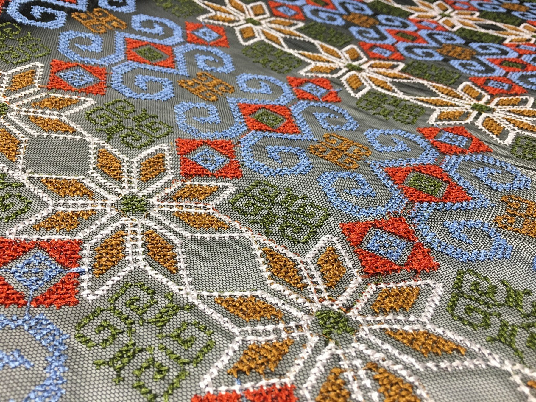 Blue Aztec Design Knitted Thread Embroidery Fabric | Burç Fabric