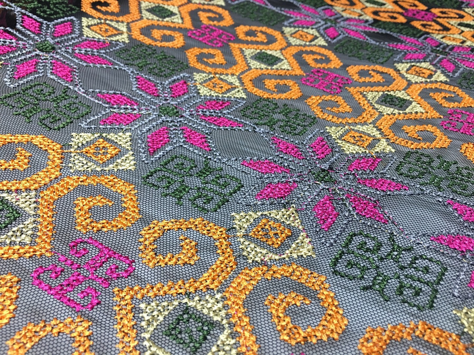 Orange Aztec Design Knitted Thread Embroidery Fabric | Burç Fabric