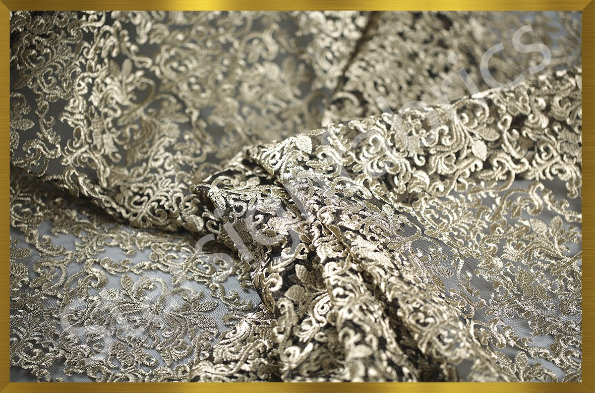 Gold Abu Dhabi Style Lurex Thread Embroidered Fabric | Burç Fabric