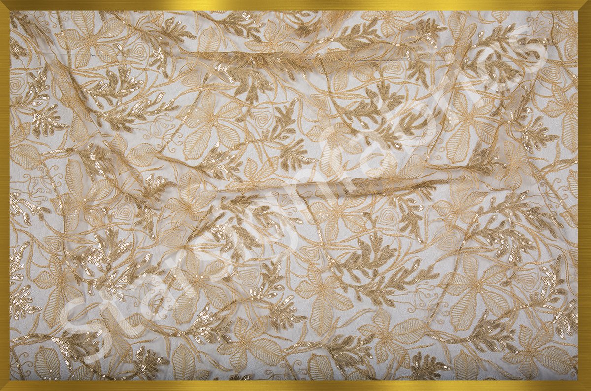 Geneva Style Gold Flower Embroidered Lace Fabric | Burç Fabric