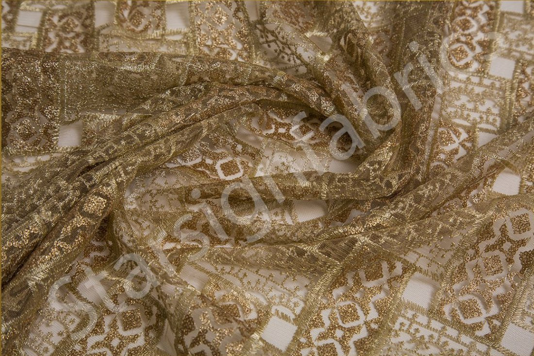 Shiny Gold Sequin Embroidered Fabric in Traditional Style | Burç Fabric