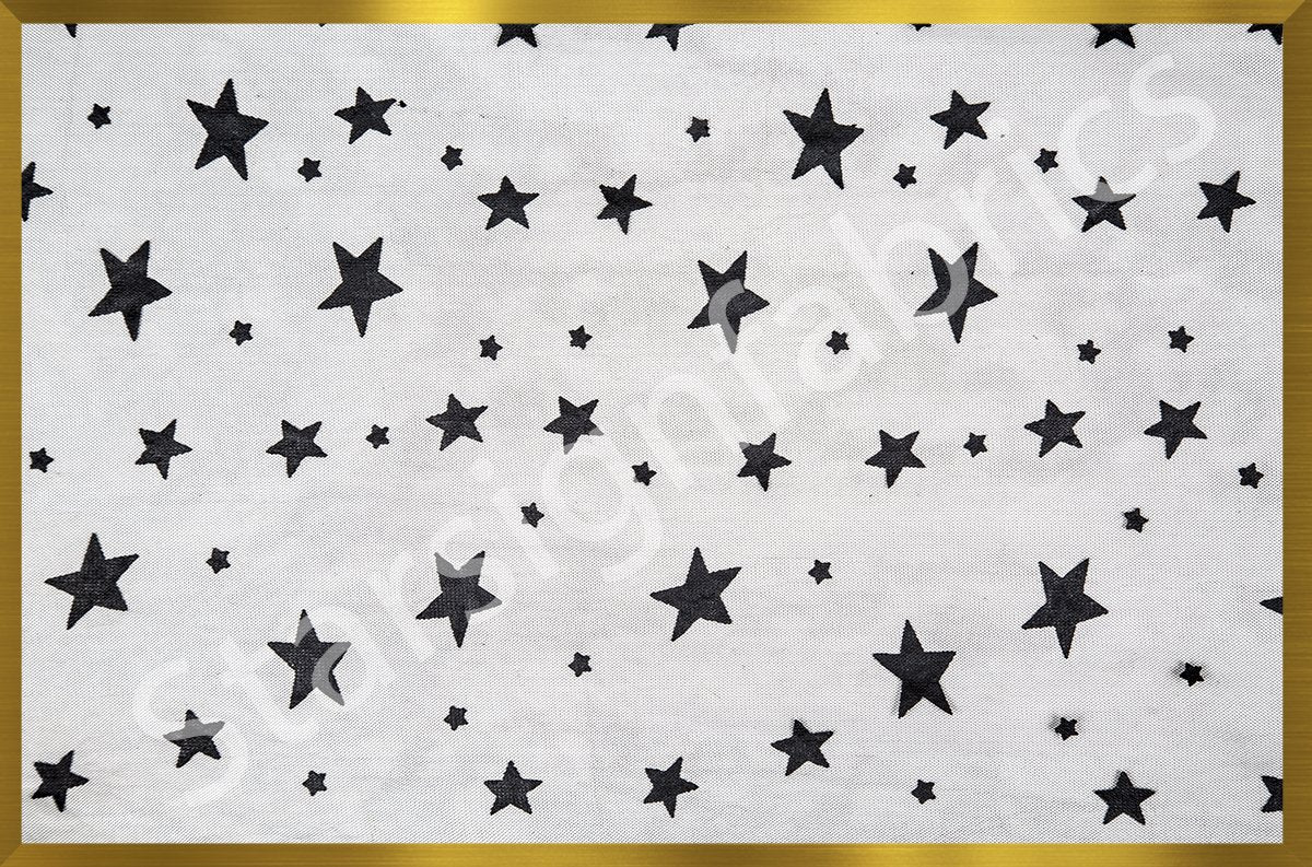 Quality Flocked Tulle Knitted Fabric with Black Star Design | Burç Fabric