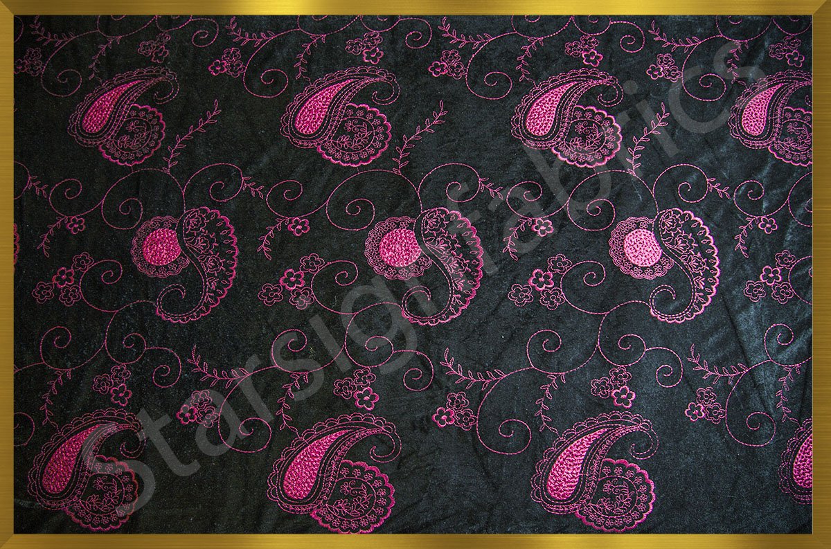 Black Velvet Fabric with Colored Thread Embroidery | Burç Fabric